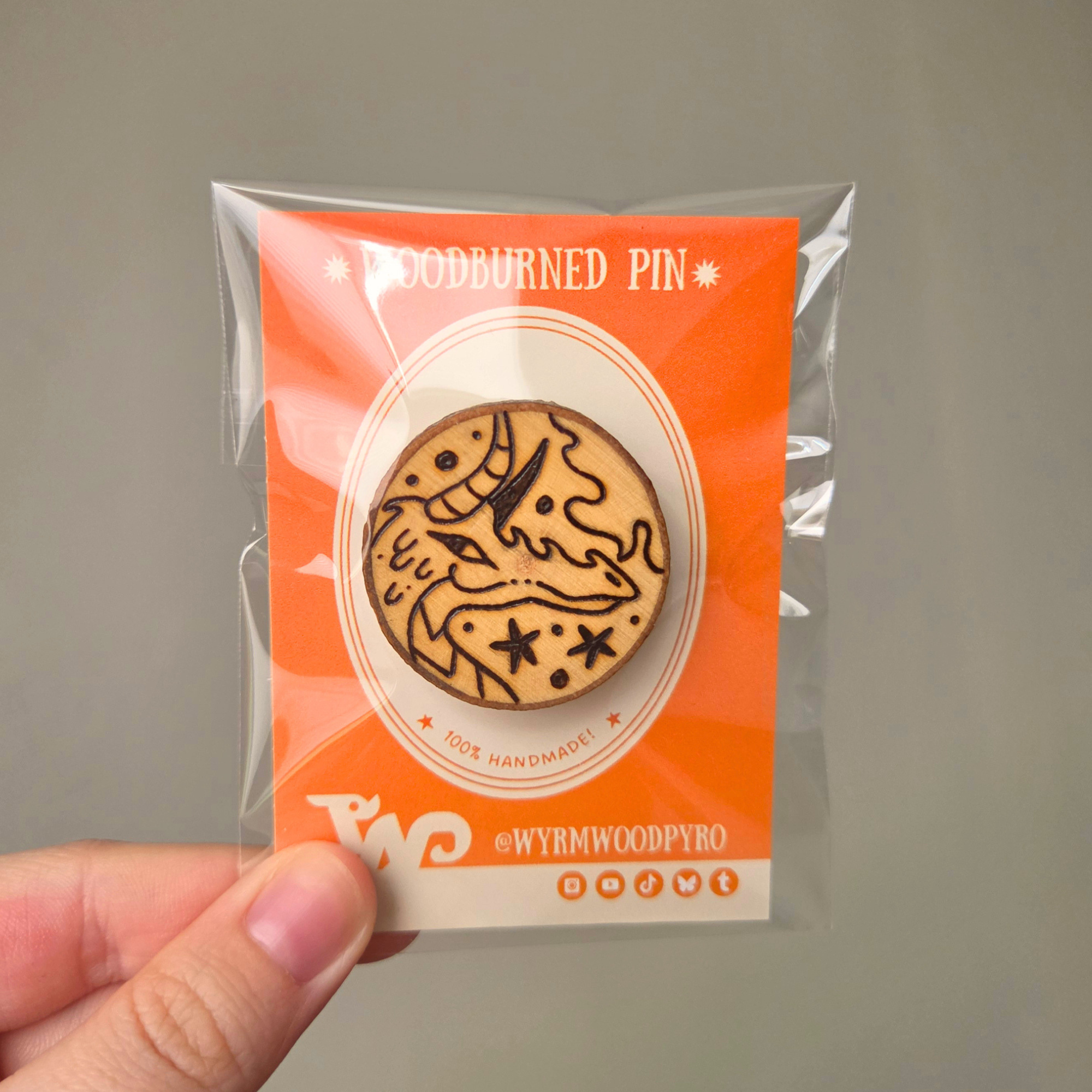 ✨ 1 OF 1 ✨ Dragon with Stars Pin - Original Pyrography Artwork