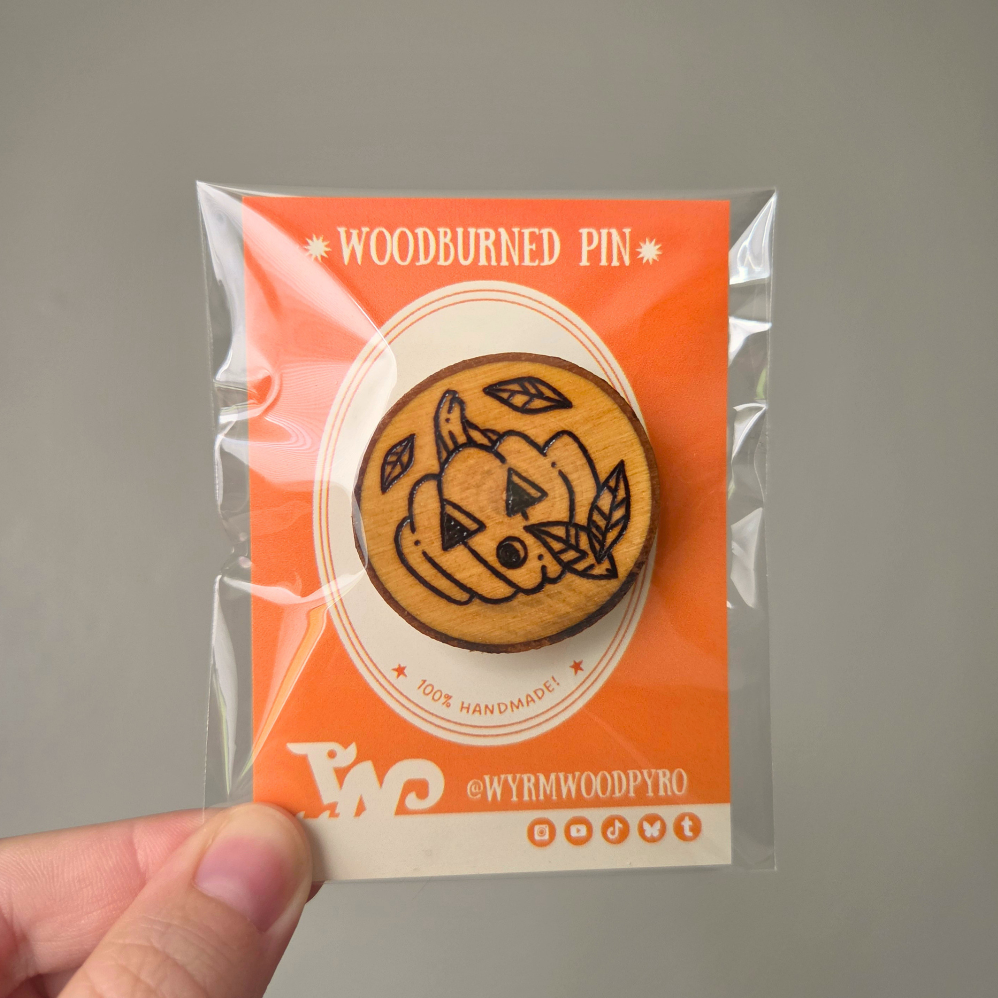 ✨ 1 OF 1 ✨ Jack-O-Lantern Pumpkin Pin - Original Pyrography Artwork