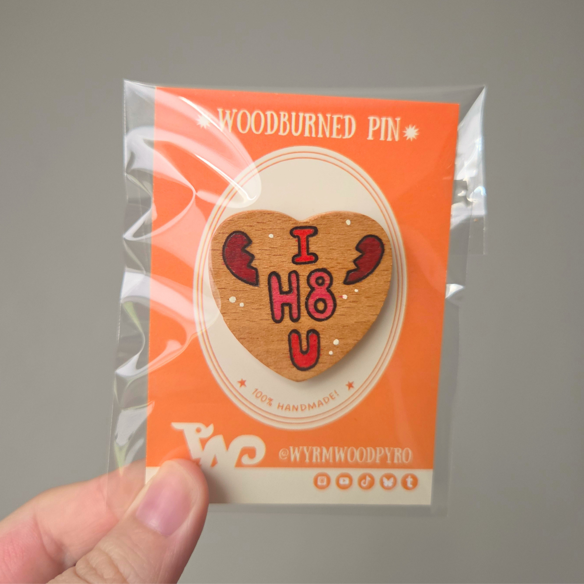 ✨ 1 OF 1 ✨ "I H8 U" Sweetheart Pin - Original Pyrography Artwork