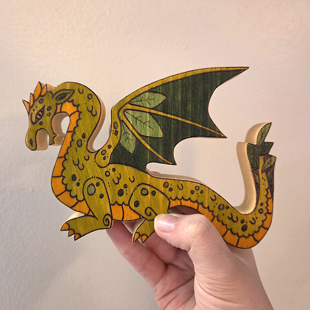 ✨ 1 OF 1 ✨ Green Leaf Dragon - Original Pyrography Artwork