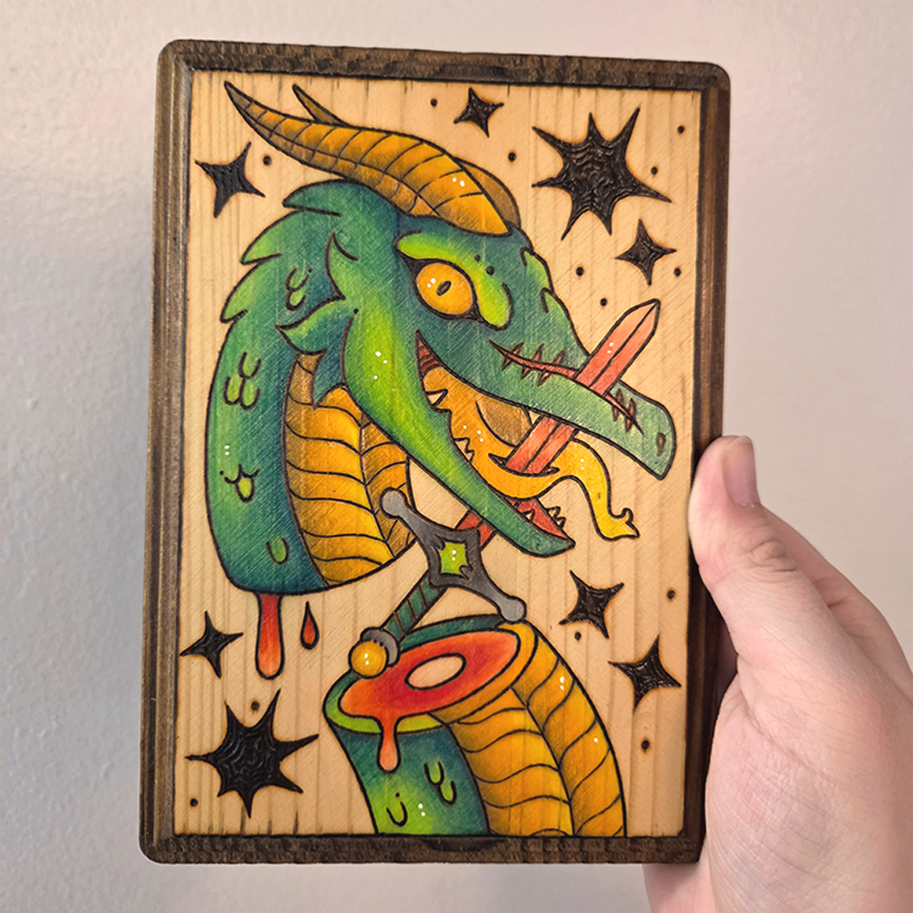 ✨ 1 OF 1 ✨ Green Dragon & Red Sword - Original Pyrography Artwork