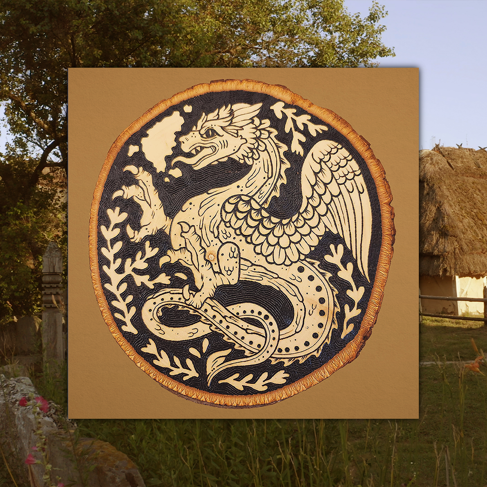 Round Medieval Dragon - Pyrography Art Print