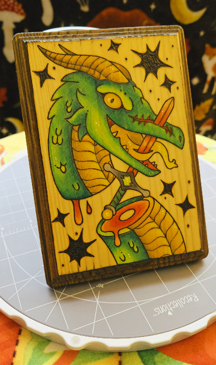 ✨ 1 OF 1 ✨ Green Dragon & Red Sword - Original Pyrography Artwork